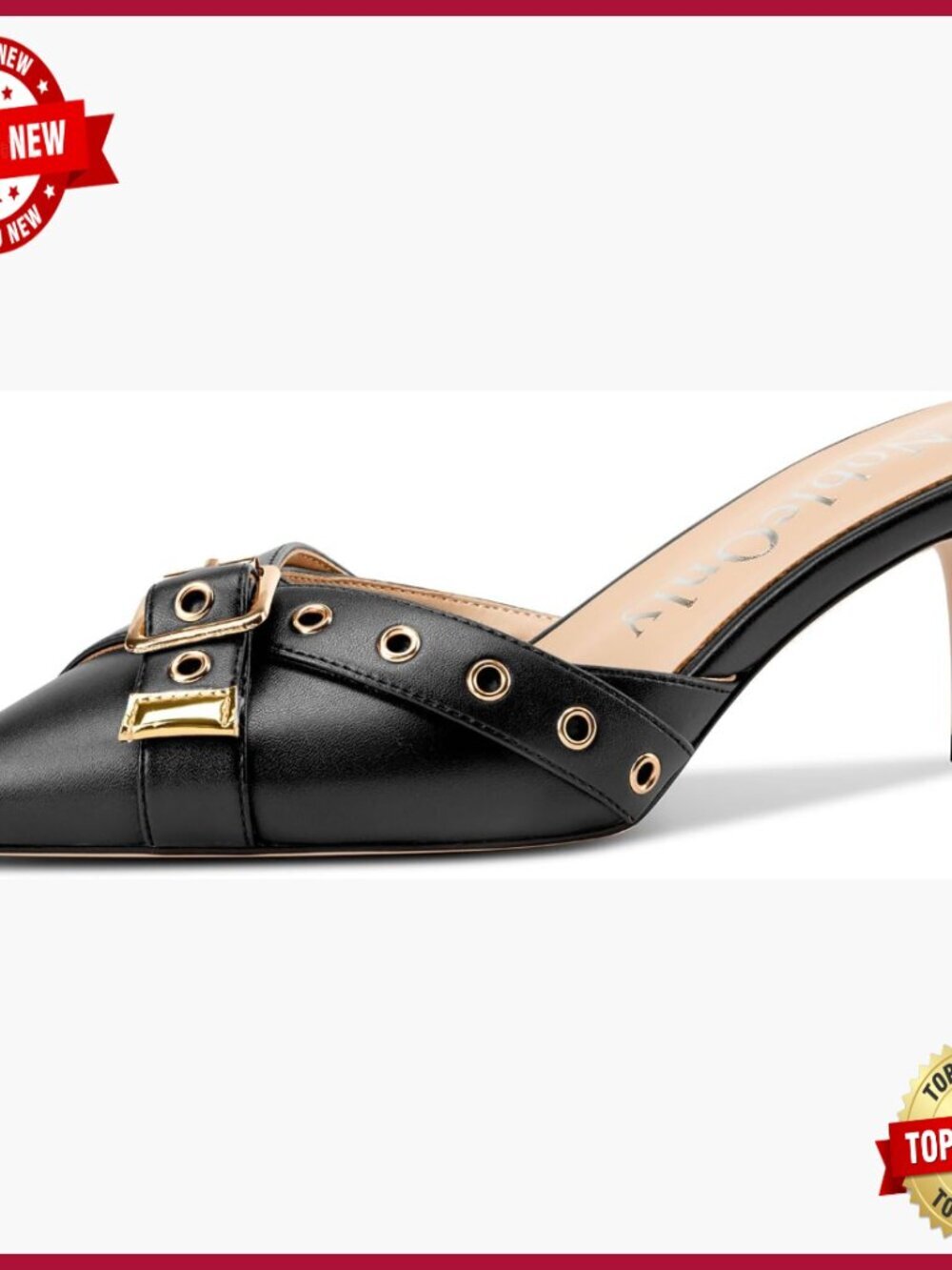 Kitten Heels Mule Pumps - Pointed Toe Studded Slip On Heels 2.6 Inch